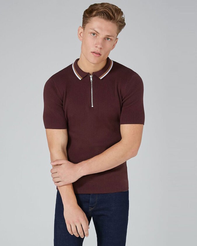 Burgundy-Short-Sleeve-Zip-Muscle-Fit-Knitted-Polo