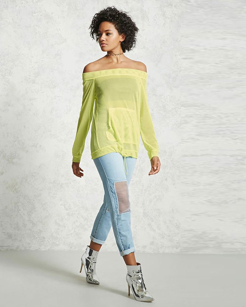 Boat Neck Sheer Mesh Hoodie - Image 4