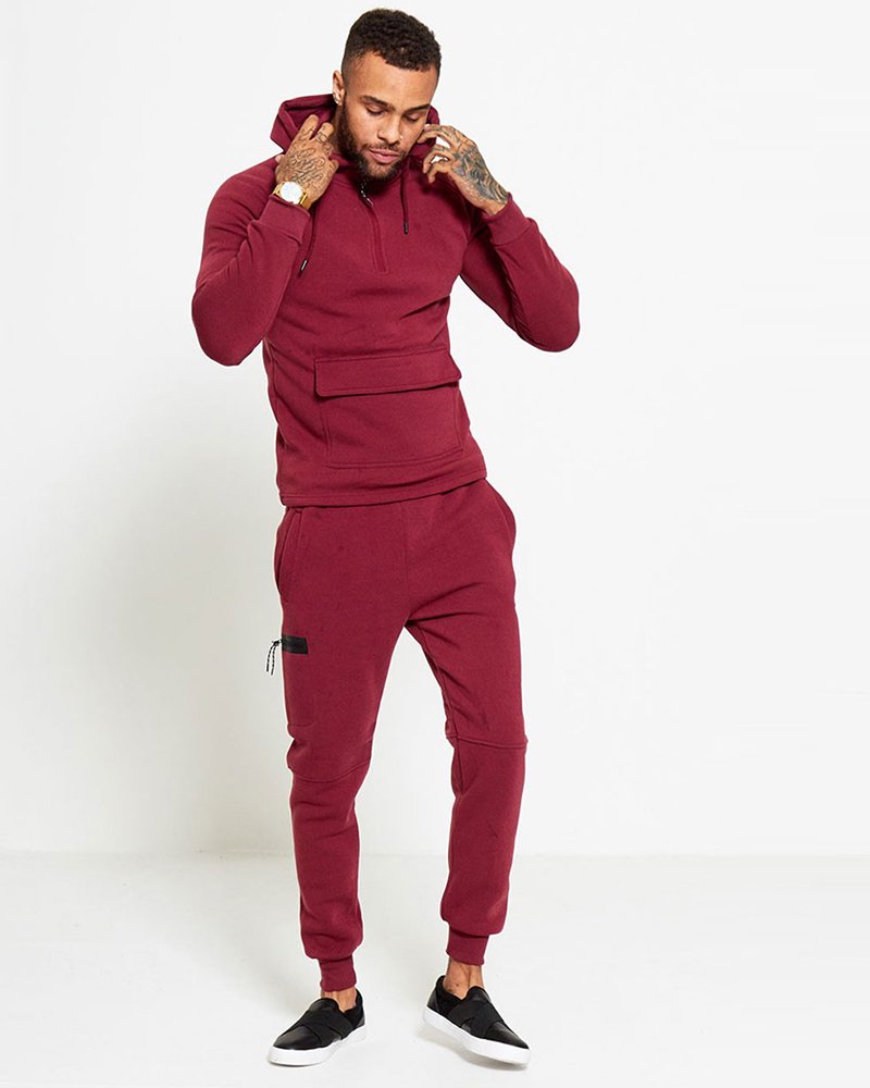 MENS WINE SLIM FIT POUCH POCKET TRACKSUIT - Image 3