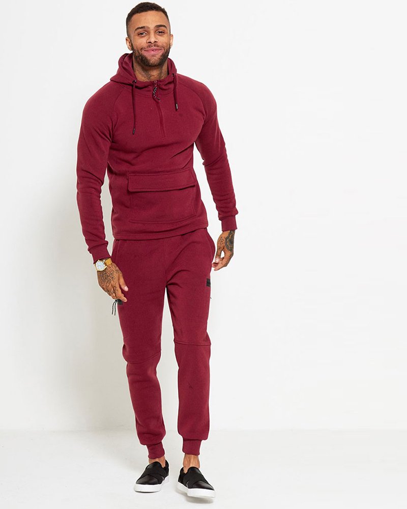 MENS WINE SLIM FIT POUCH POCKET TRACKSUIT - Image 4