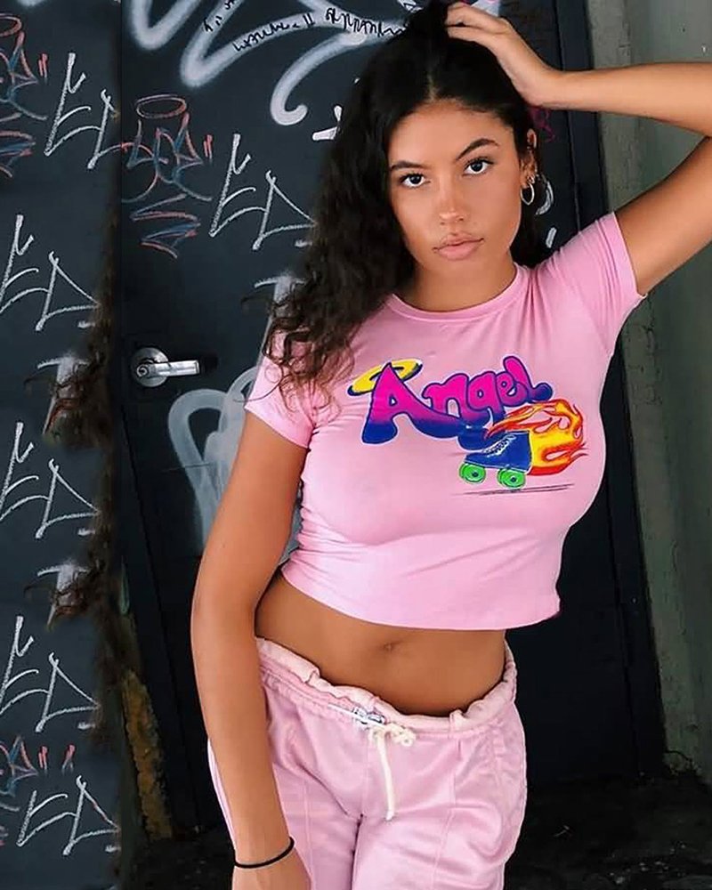 Pink Cartoon Print Round Neck Short Sleeve Sexy Crop Tee