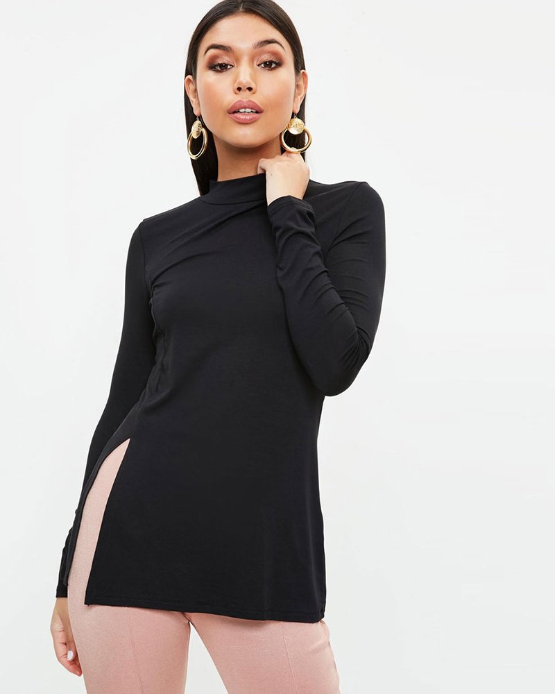 black-high-neck-split-front-tunic-R1-16124