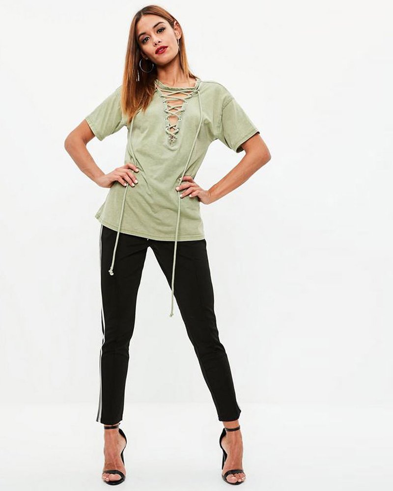 green lace up front burnout t-shirt - Image 4