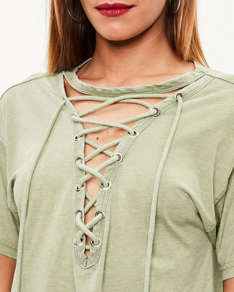 green lace up front burnout t-shirt - Image 3