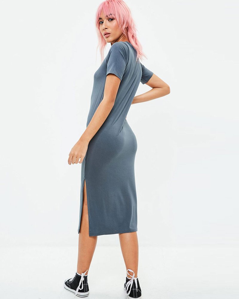 Grey side split t-shirt midi dress - Image 2